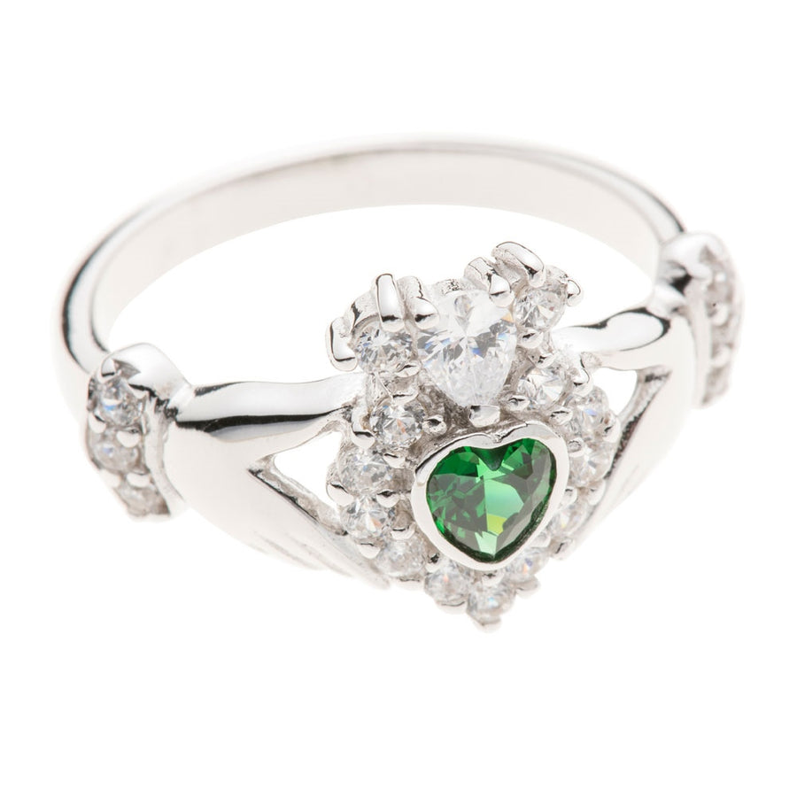 Galway Crystal Jewellery Green Crystal Sparkle Claddagh Sterling Silver Ring