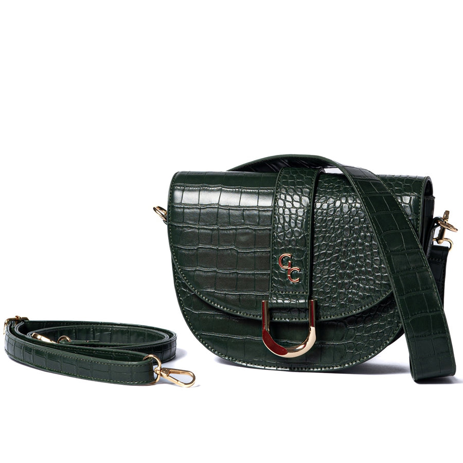 Galway Crystal Fashion Saddle Bag Forest Green Croc Detail