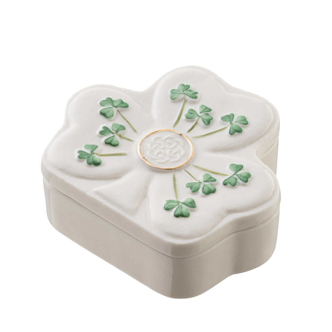 Belleek Classic Shamrock Shaped Trinket Box