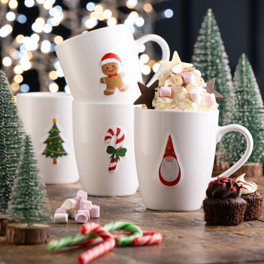 Belleek Living Christmas Motif Embossed Mugs Set of 4