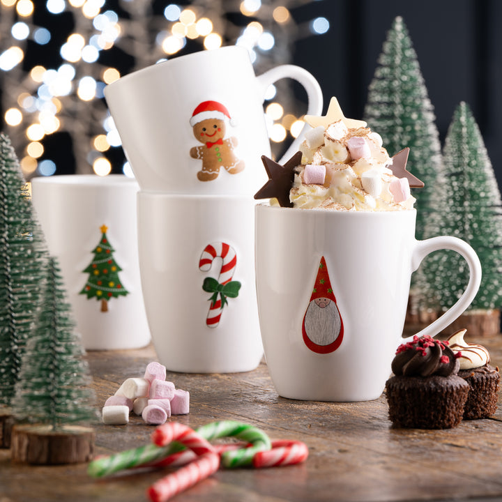 Belleek Living Christmas Motif Embossed Mugs Set of 4