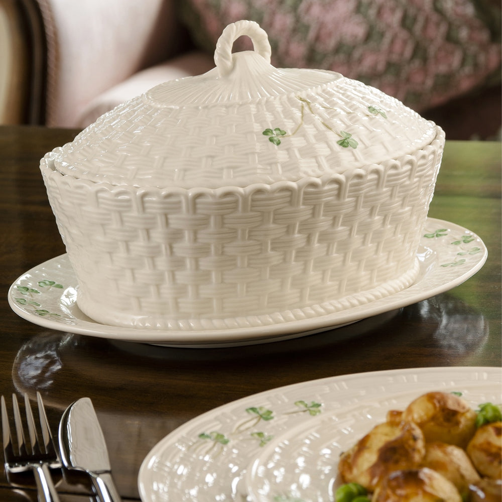 Belleek Classic Shamrock Oval Covered Dish 