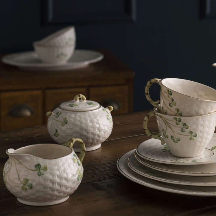 Belleek-Classic-1880---Gold-Shamrock-Teapot-Sugar-and-Cream-Set