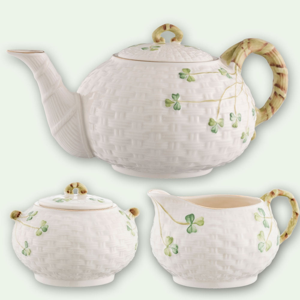 Belleek-Classic-1880---Gold-Shamrock-Teapot-Sugar-and-Cream-Set