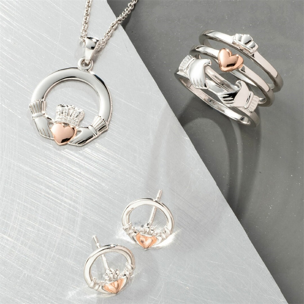 Galway Crystal Jewellery Three Part Claddagh Sterling Silver & Rose Gold Ring
