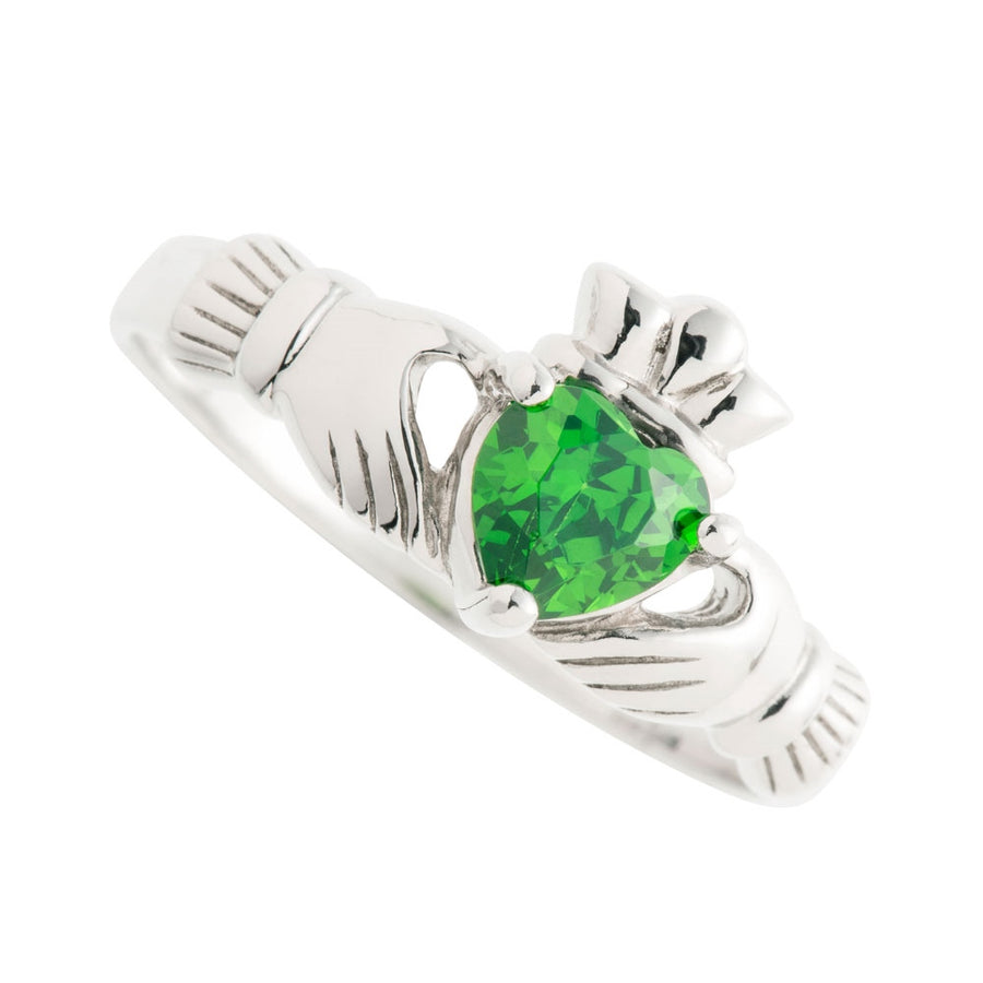 Galway Crystal Jewellery Green Crystal Claddagh Sterling Silver Ring