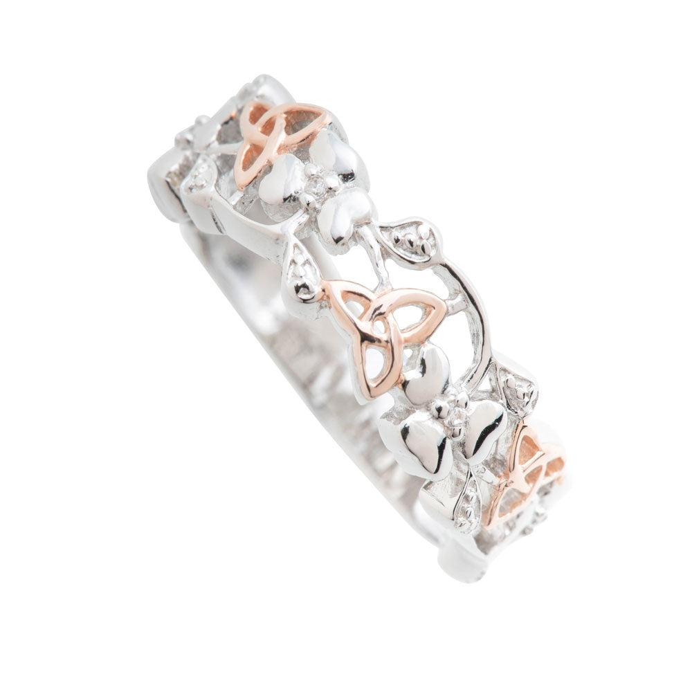 Galway Crystal Jewellery Trinity Knots & Shamrocks Rose Gold & Sterling Silver Ring