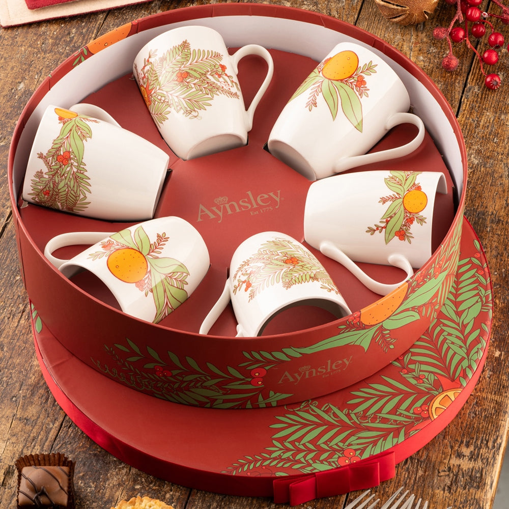 Aynsley Christmas Wreath Set of 6 Mugs in Hat Box