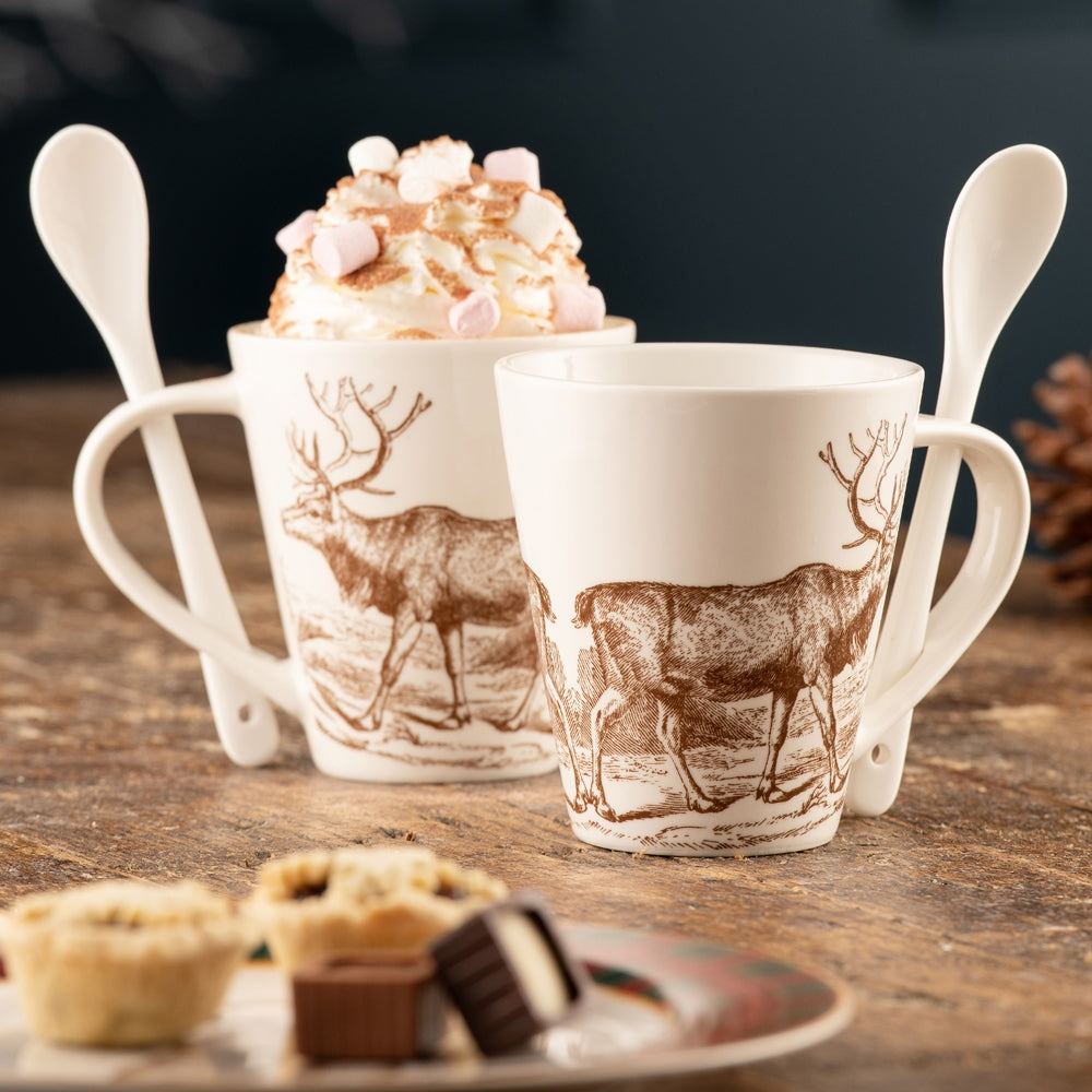 Aynsley Hot Chocolate Set Reindeer Mugs & Spoons Set of 2