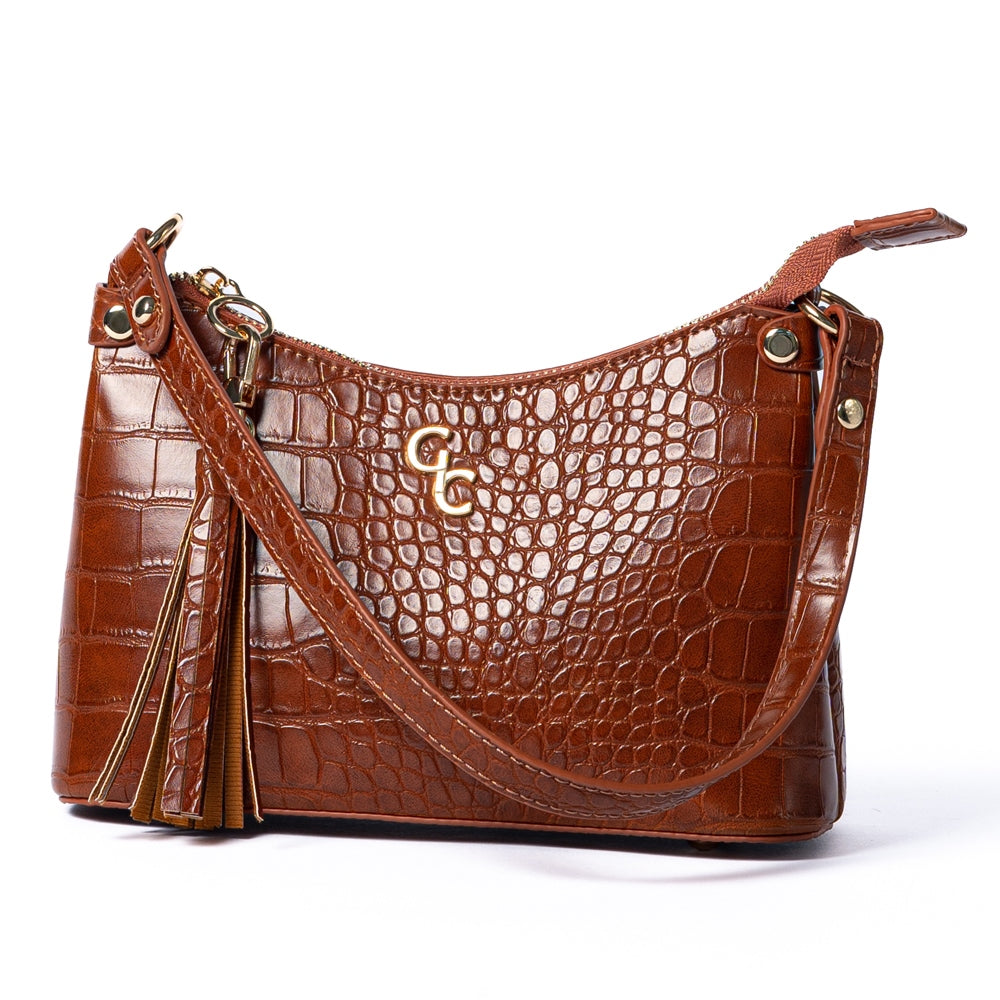 Galway Crystal Fashion Mini Shoulder Bag Tan Croc Detail