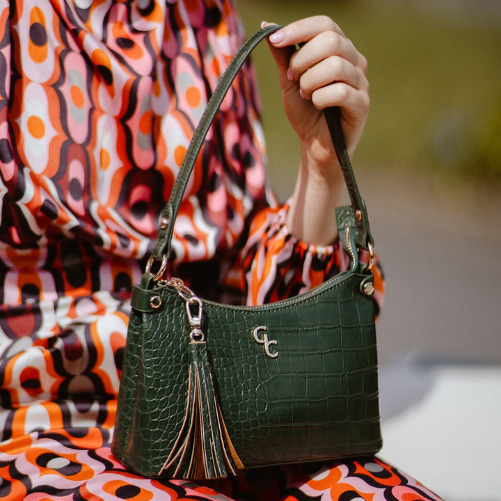 Galway Crystal Fashion Mini Shoulder Bag Forest Green Croc Detail