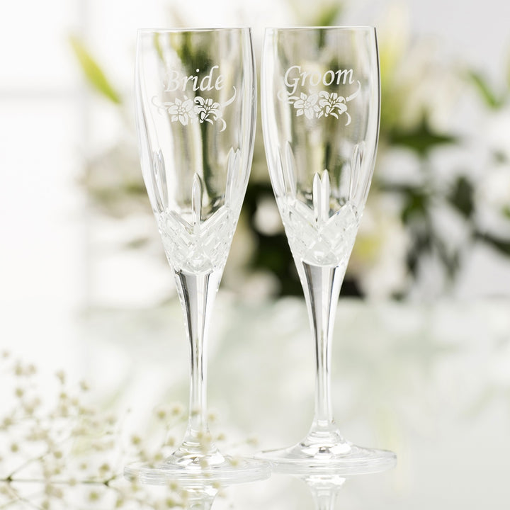 Galway Crystal Floral Bride & Groom Flute Pair