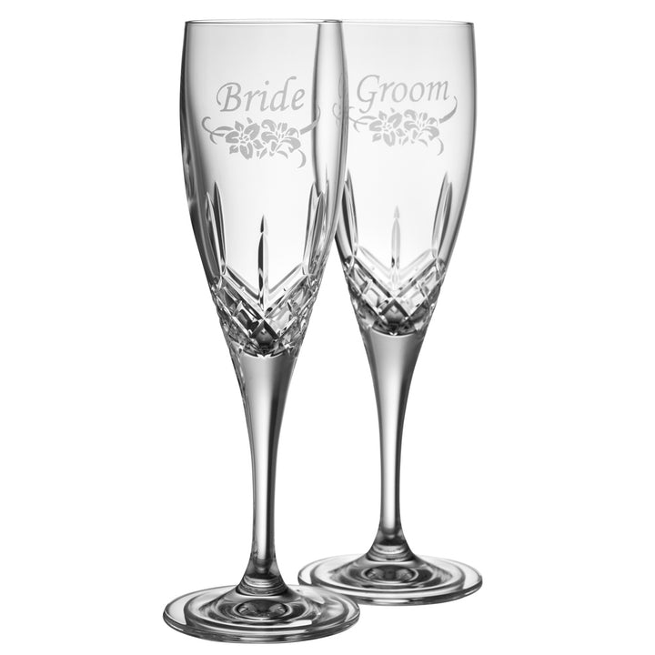 Galway Crystal Floral Bride & Groom Flute Pair